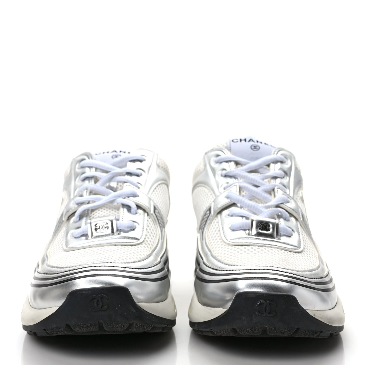 Fabric Laminated Calfskin Stretch CC Sneakers 41 White Silver