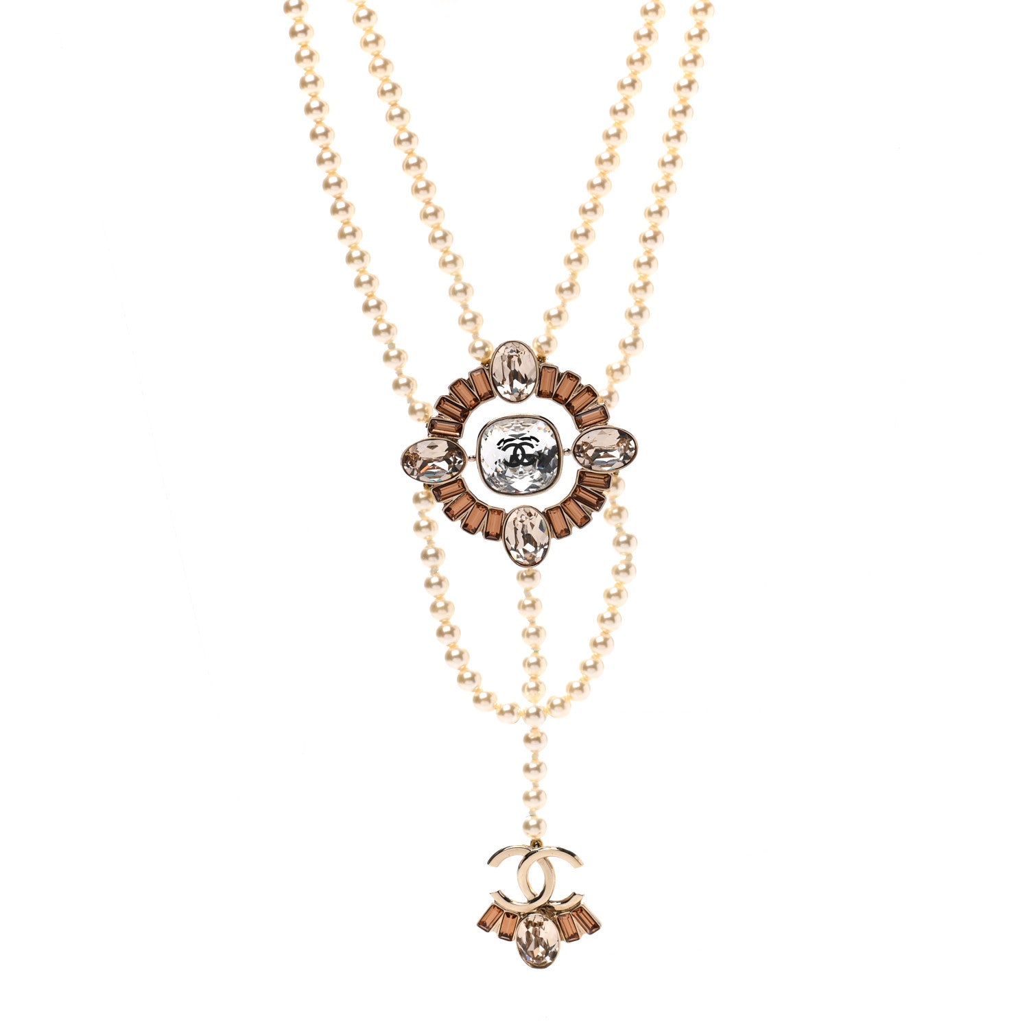 Chanel Baguette Crystal Resin Pearl CC Multi Strand Necklace Gold 1 of 7
