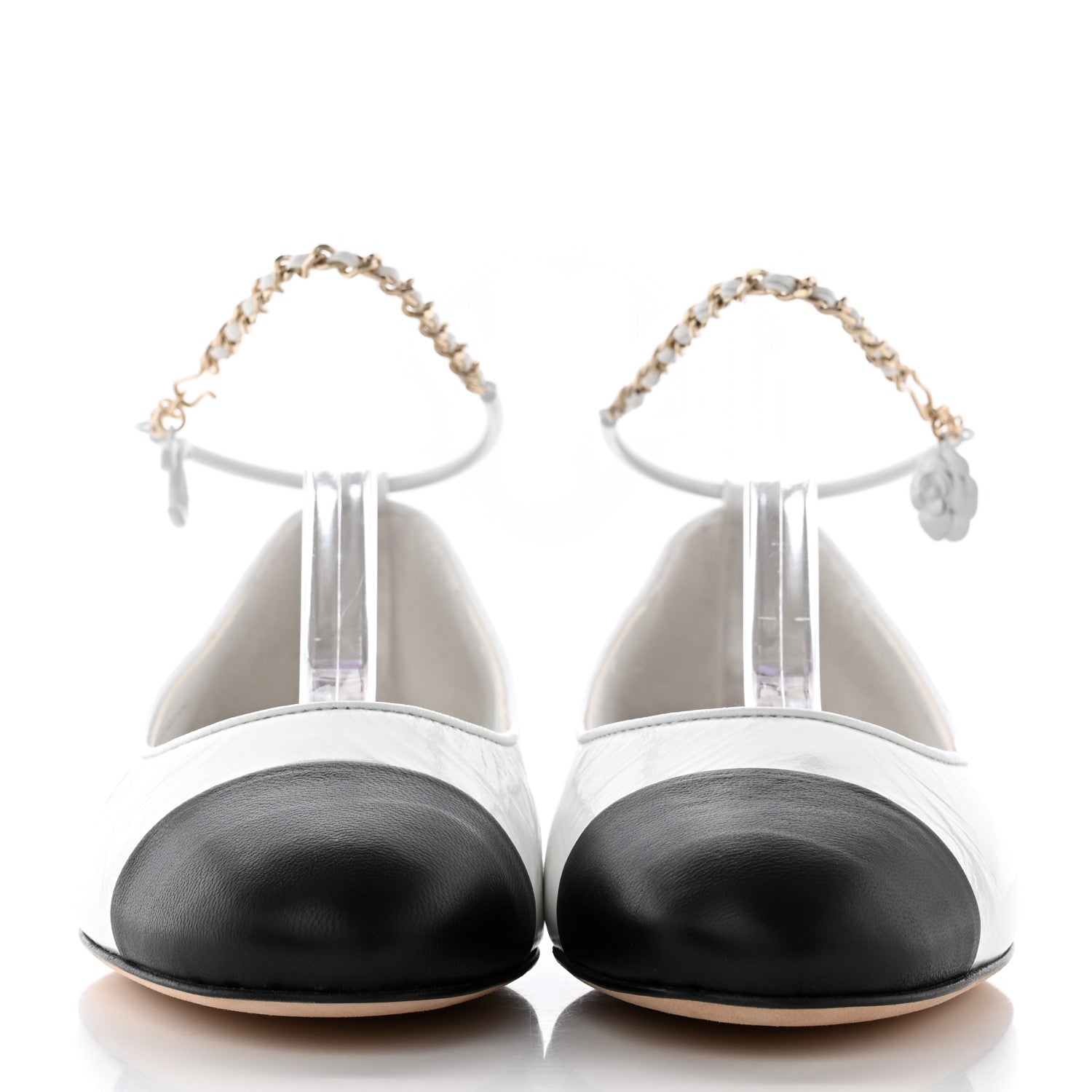 Chanel Shiny Lambskin Lambskin Metal Cap Toe Ankle Chain Ballerina Flats 38 White Black 2 of 17