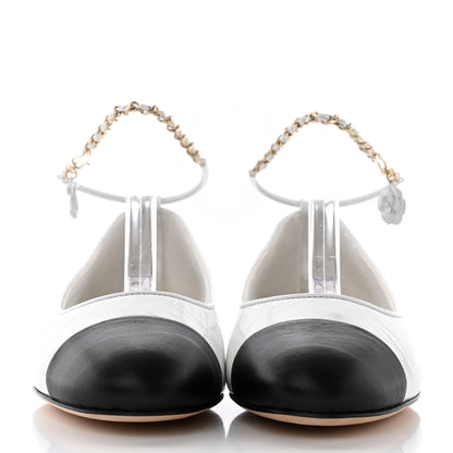 Chanel Shiny Lambskin Lambskin Metal Cap Toe Ankle Chain Ballerina Flats 38 White Black 2 of 17