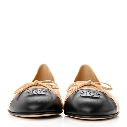 Chanel Lambskin Cap Toe CC Ballerina Flats 38.5 Beige Black 2 of 11