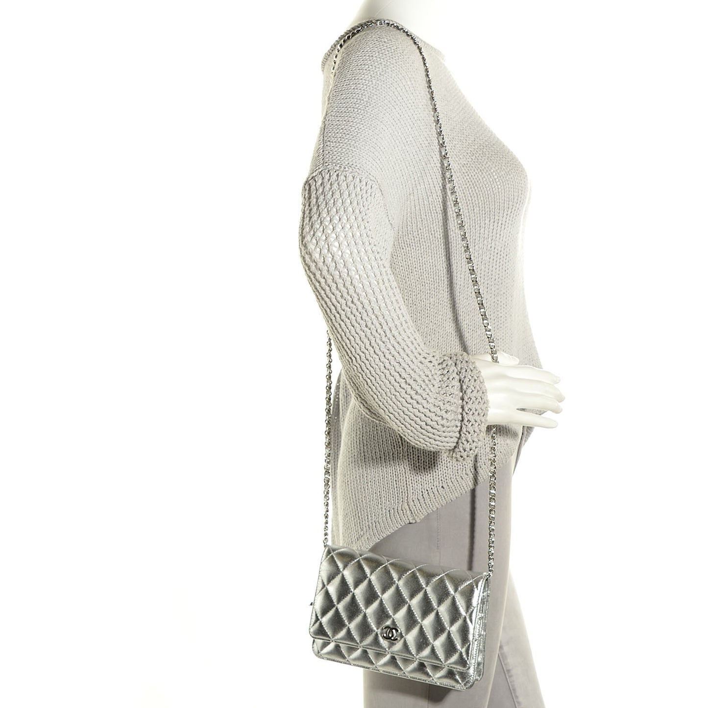 Lambskin Quilted Wallet On Chain WOC Silver
