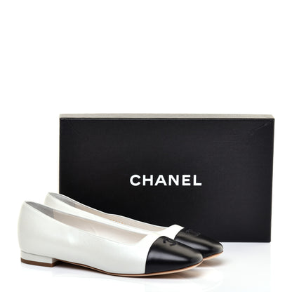 Chanel Lambskin Cap Toe CC Ballerina Flats 37.5 White Black 9 of 10
