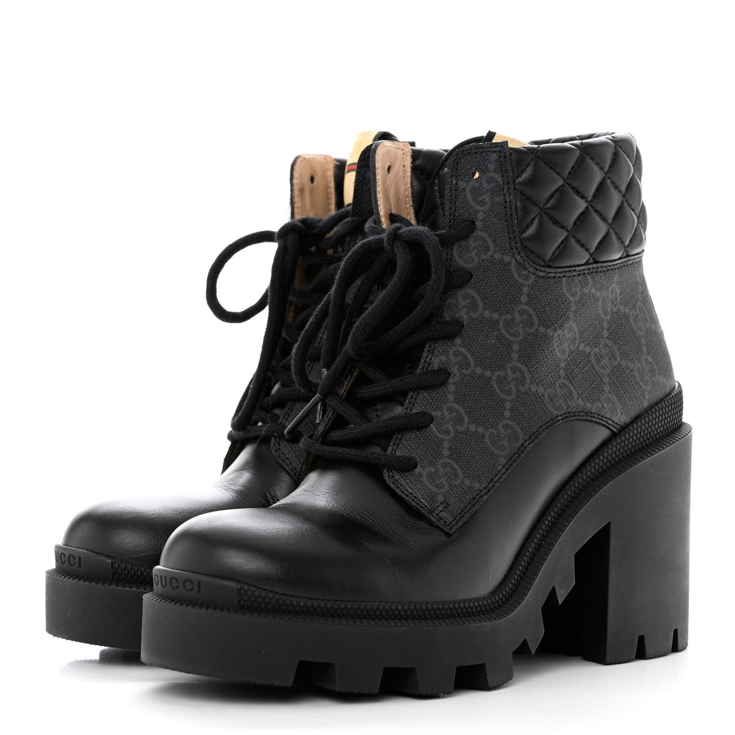 Apollo Calfskin GG Supreme Nappa Samoa Quilted Lace Up Ankle Boots 36.5 Black