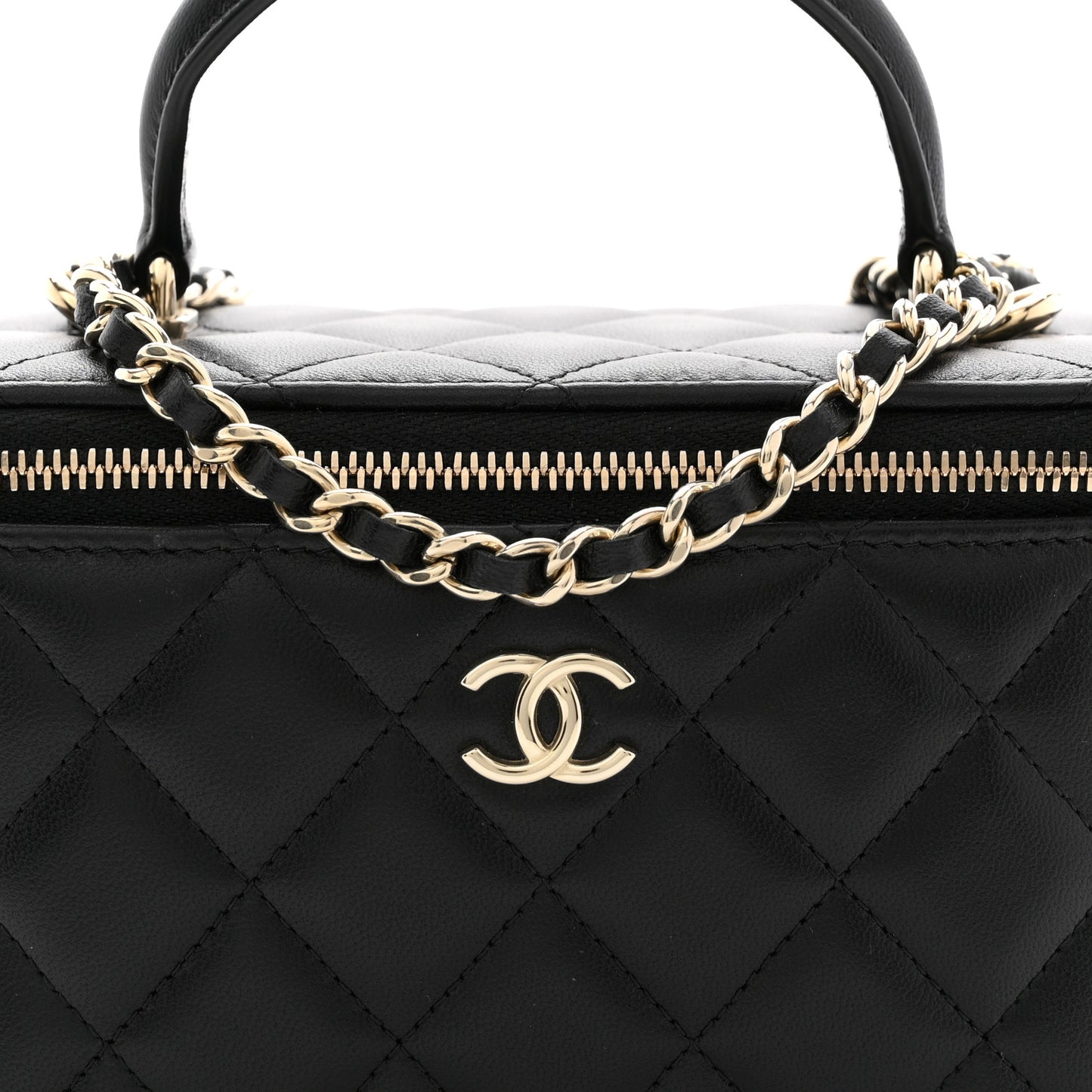Lambskin Quilted Small Top Handle Vanity Case With Chain Black