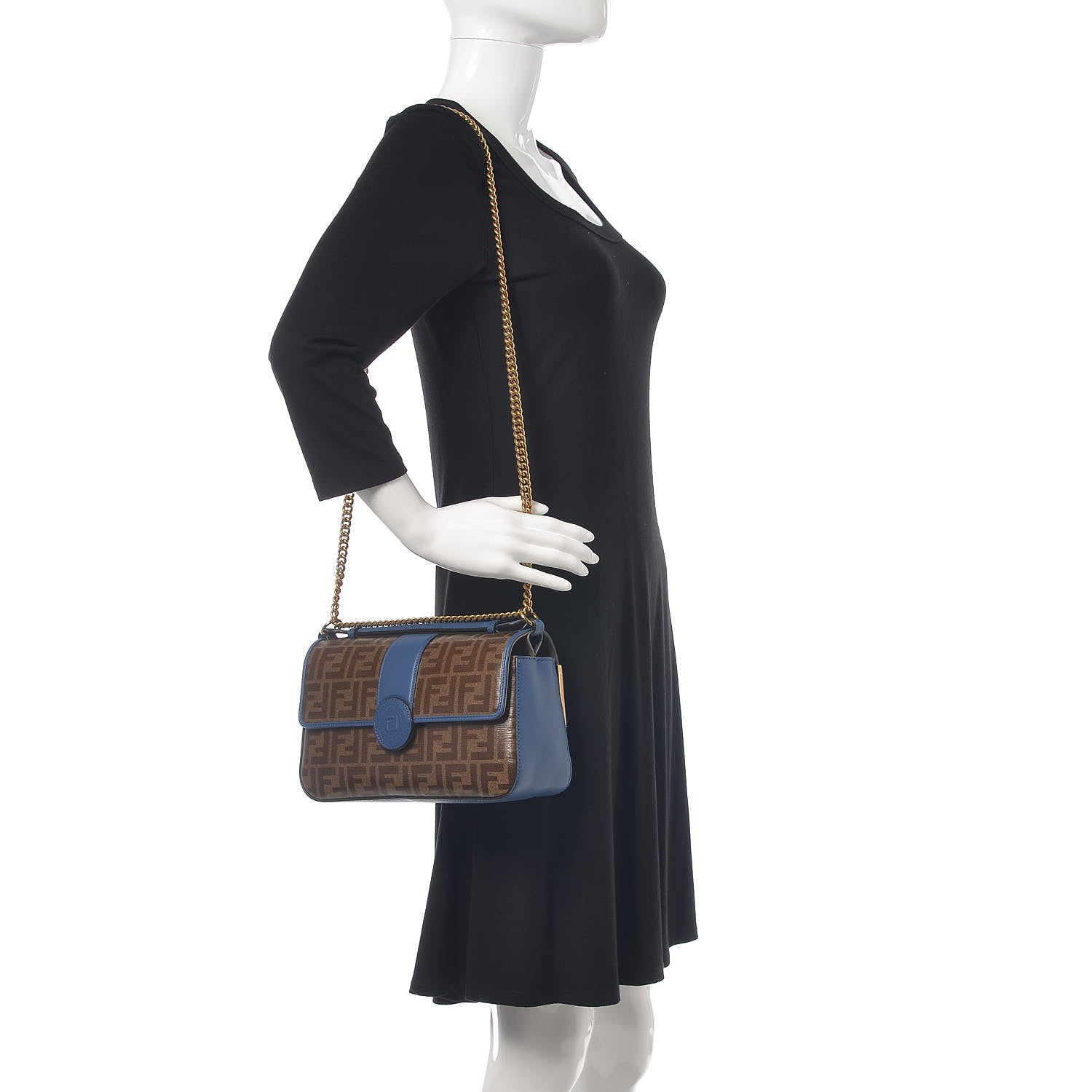 Fendi Vitello Grace Glazed Fabric FF 1974 Double F Shoulder Bag Iris Mogano Panna 2 of 10