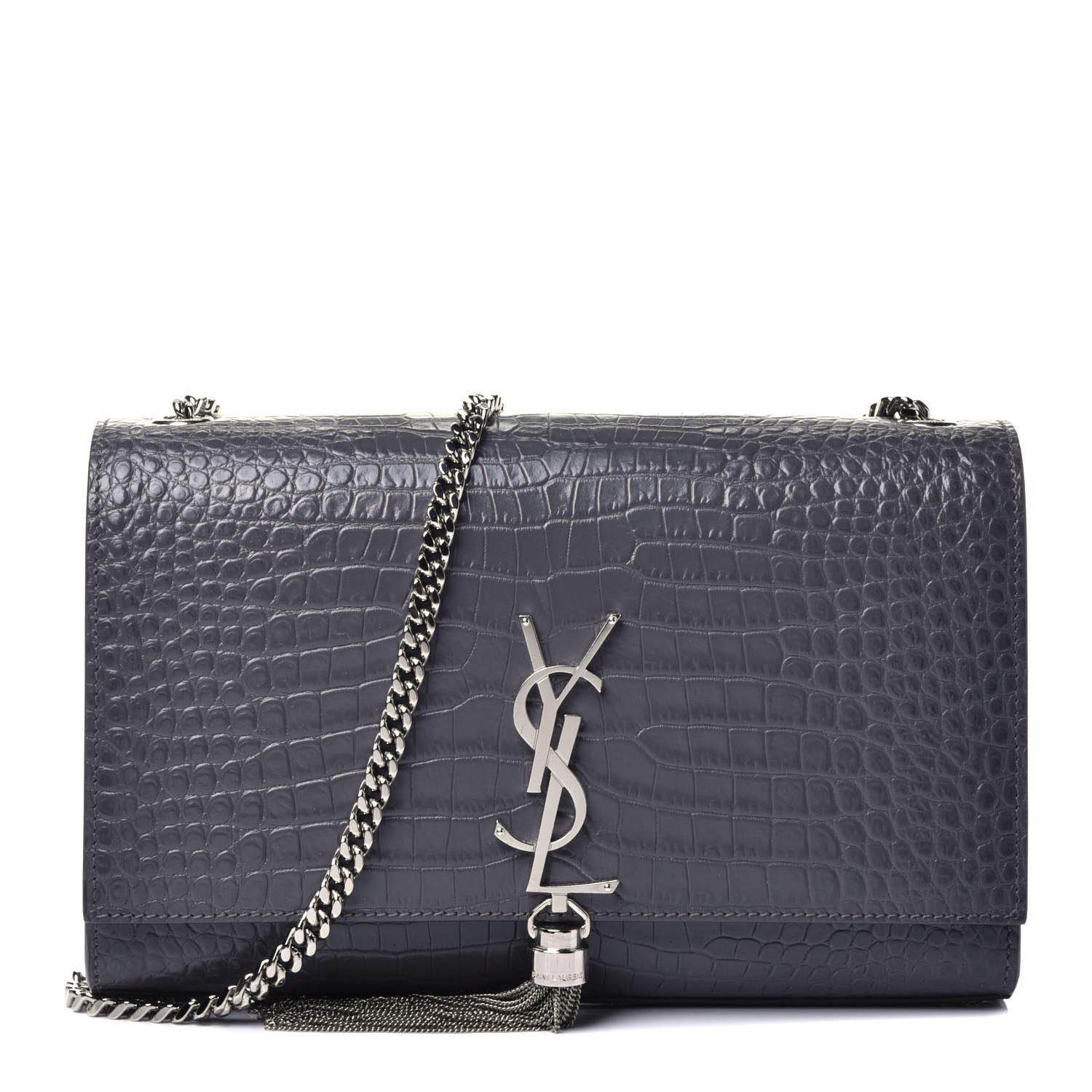 Saint Laurent Calfskin Crocodile Embossed Medium Classic Monogram Kate Tassel Satchel Fog 1 of 9