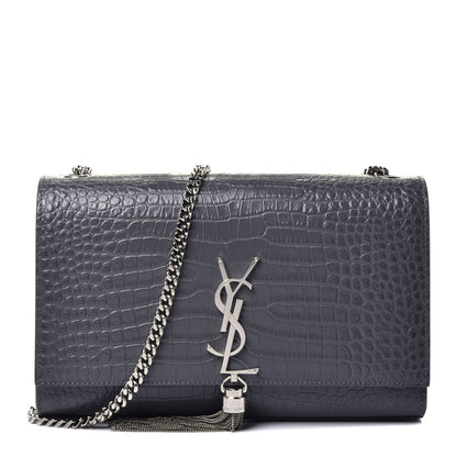Saint Laurent Calfskin Crocodile Embossed Medium Classic Monogram Kate Tassel Satchel Fog 1 of 9