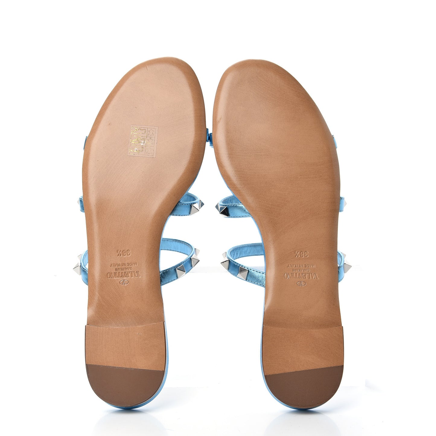 Metallic Nappa Rockstud Caged Flat Slide Sandals 38.5 Cerulean