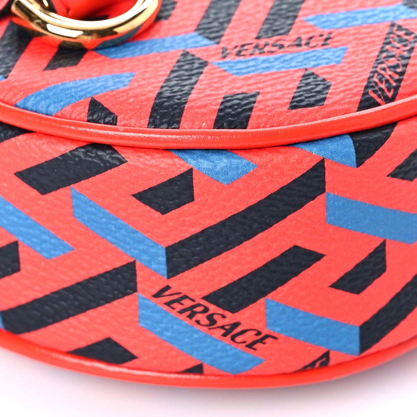 Coated Canvas Calfskin La Greca Round Zip Pouch Blue Red
