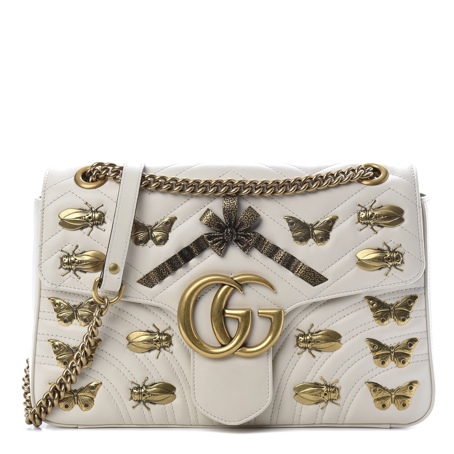 Gucci Calfskin Matelasse Animal Studs Medium GG Marmont Shoulder Bag Mystic White 1 of 11