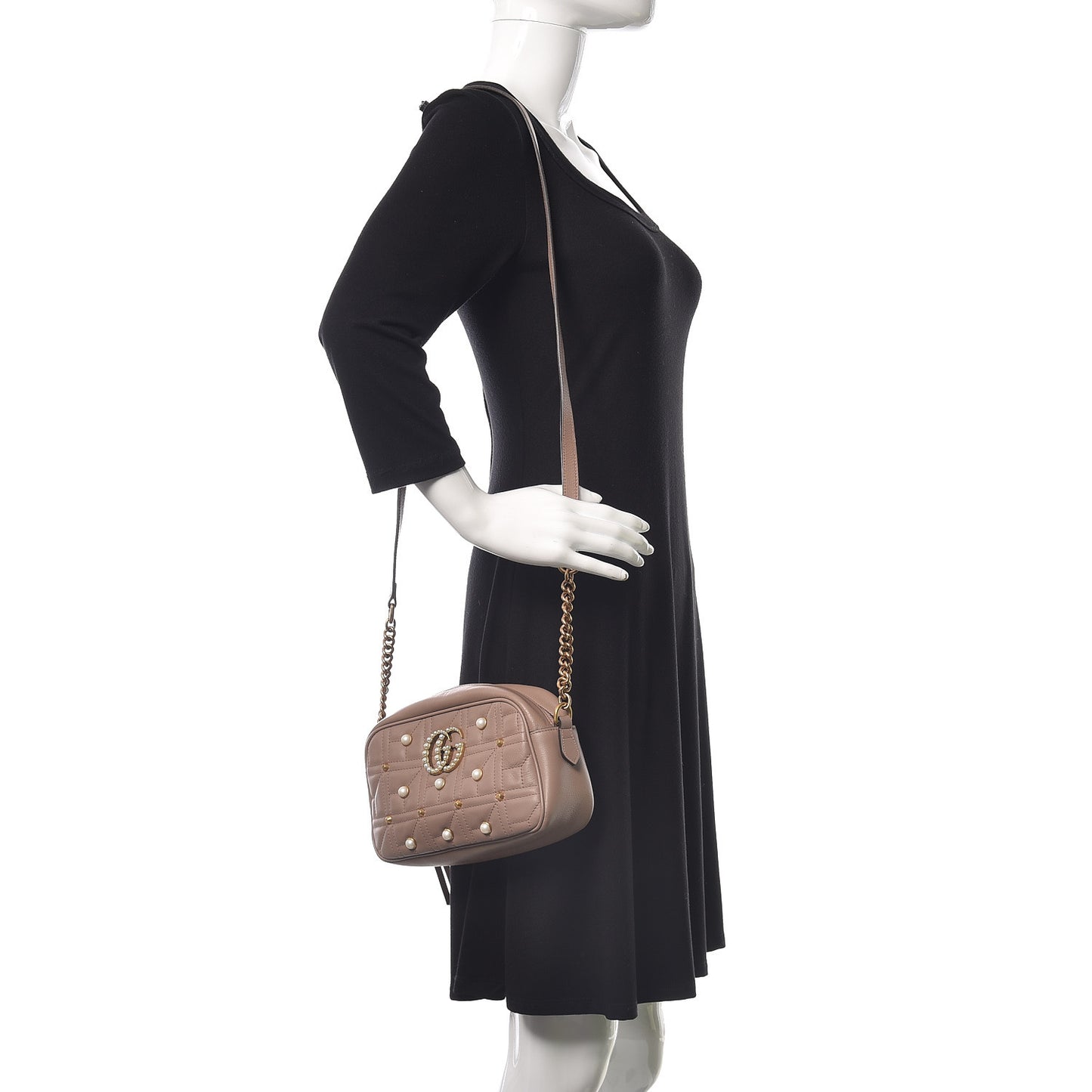 Calfskin Matelasse Studded Small Pearly GG Marmont Chain Shoulder Bag Porcelain Rose