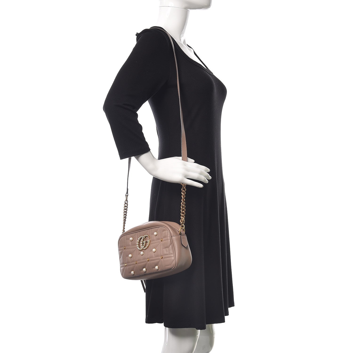 Gucci Calfskin Matelasse Studded Small Pearly GG Marmont Chain Shoulder Bag Porcelain Rose 2 of 9