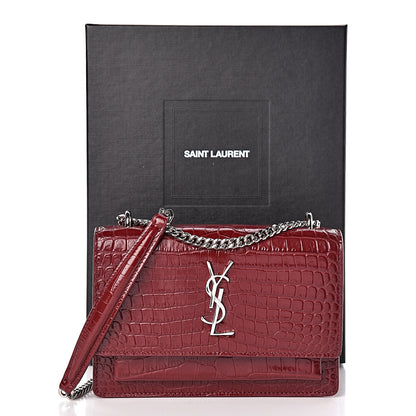 Saint Laurent Calfskin Crocodile Embossed Monogram Sunset Chain Wallet Palissandre 12 of 12