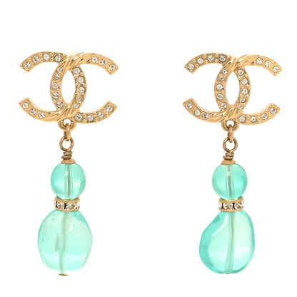Chanel Crystal Stone CC Drop Earrings Blue Gold 1 of 4