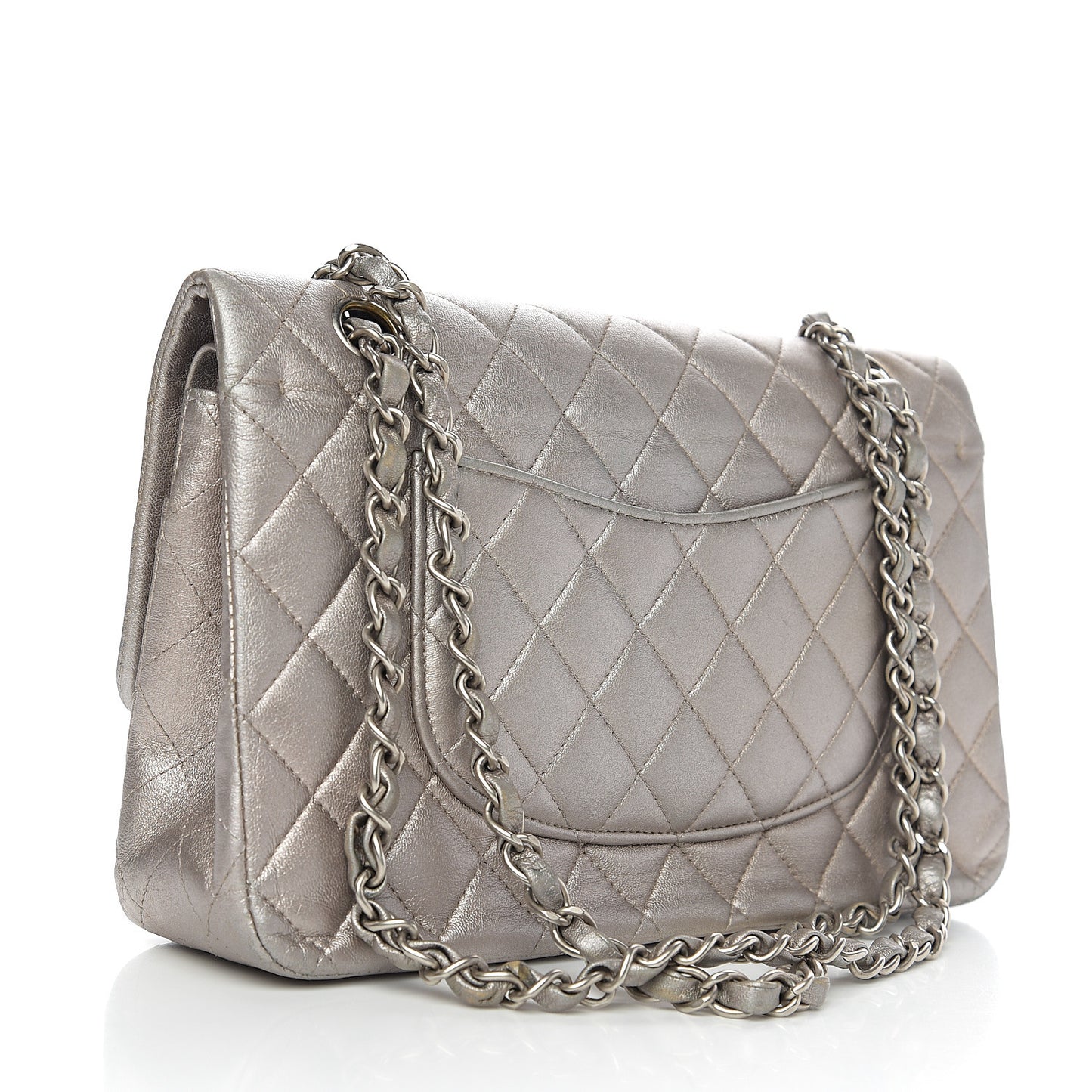 Metallic Lambskin Quilted Medium Double Flap Silver