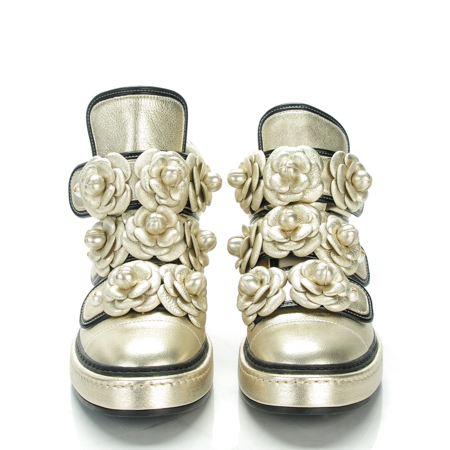 Metallic Lambskin Pearl Camellia High Top Sneakers 37 Gold