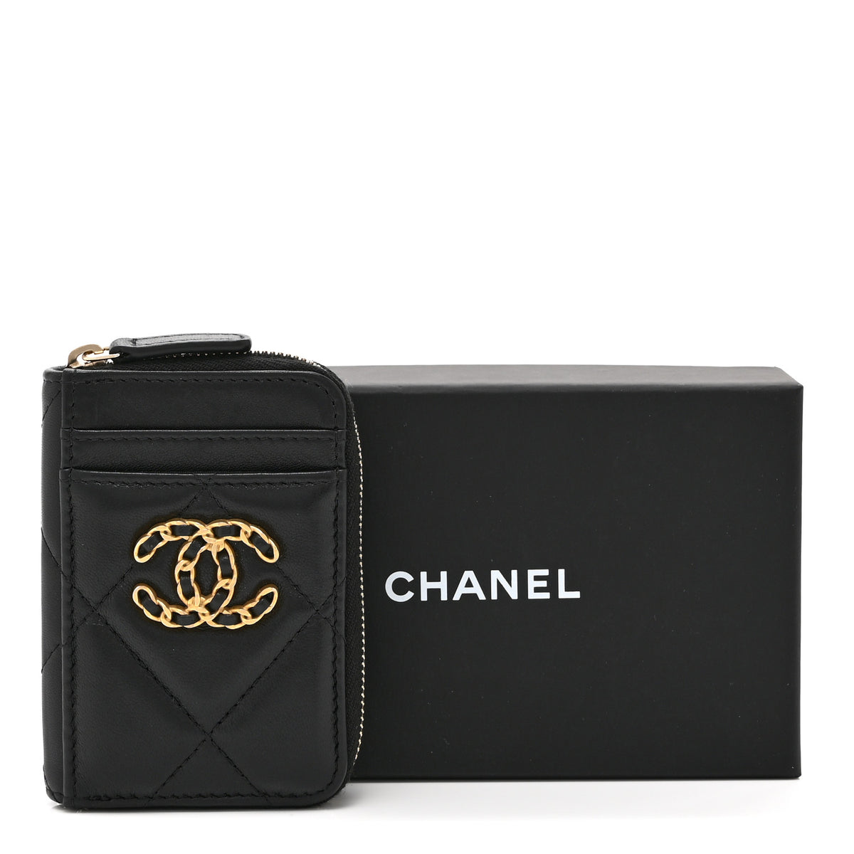 Lambskin Quilted Chanel 19 Vertical Zip Card Holder Wallet Black