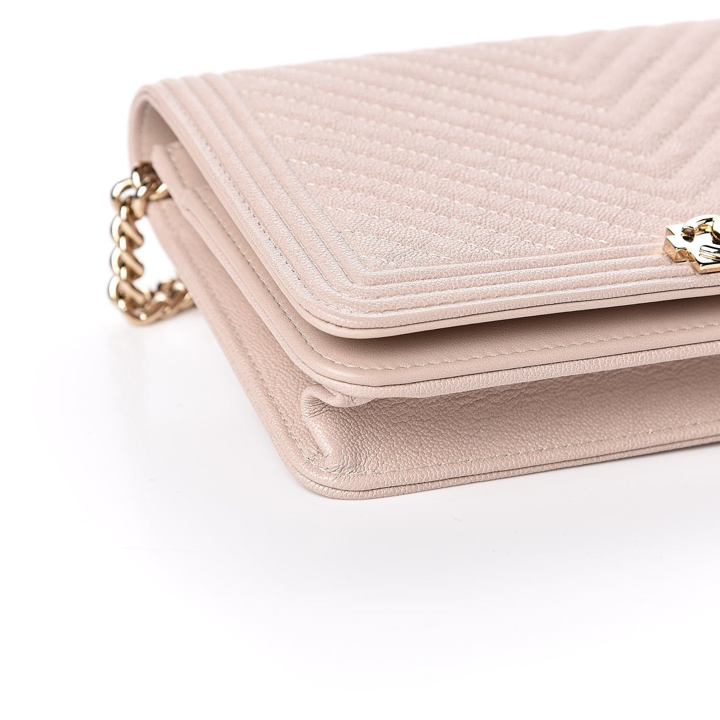 Caviar Chevron Quilted Boy Wallet On Chain WOC Light Beige