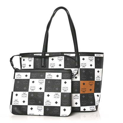 MCM Checkerboard Visetos Medium Aren Shopper Tote Black White 1 of 9