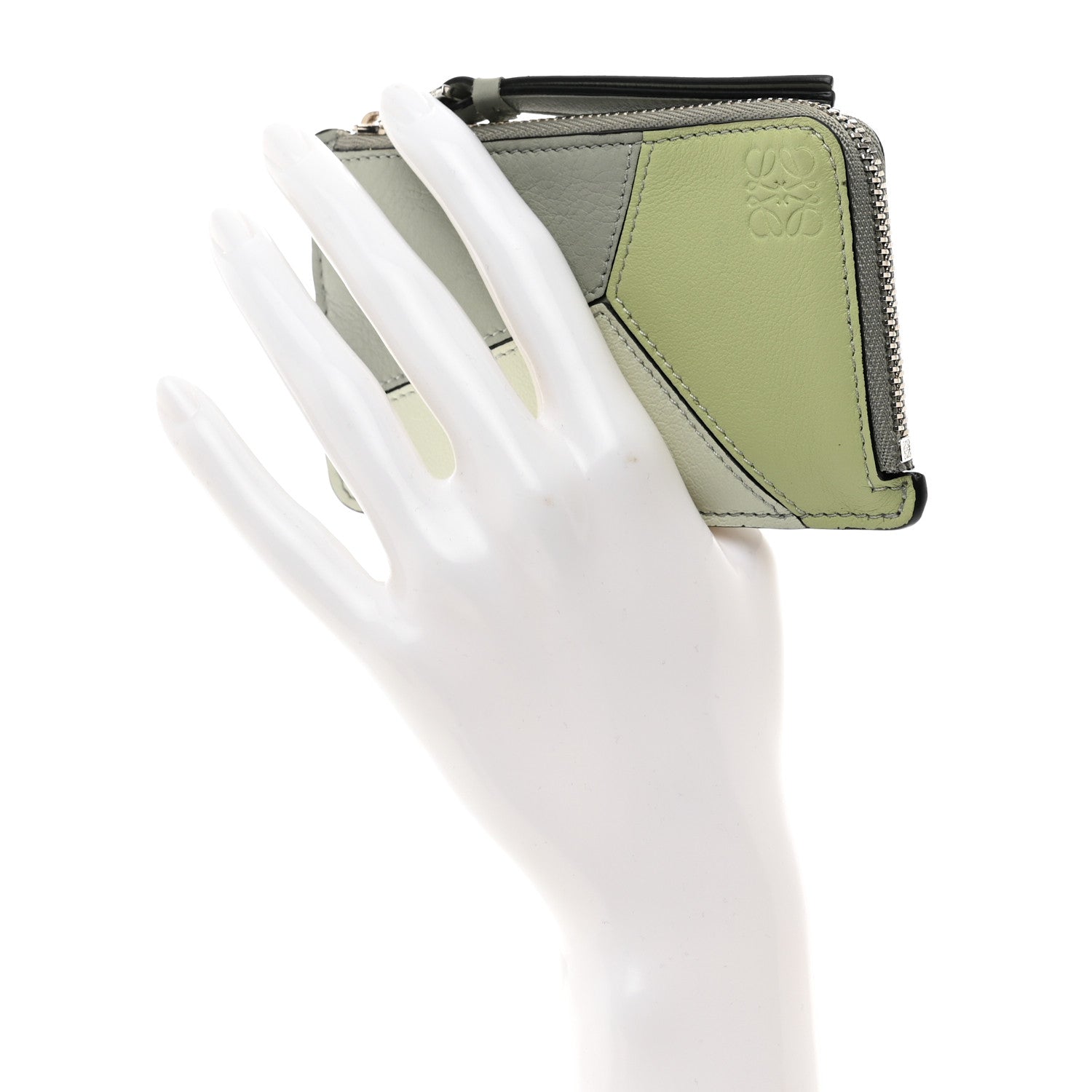Loewe Calfskin Puzzle Colorblock Coin Card Holder Ash Grey Light Celadon 2 of 9