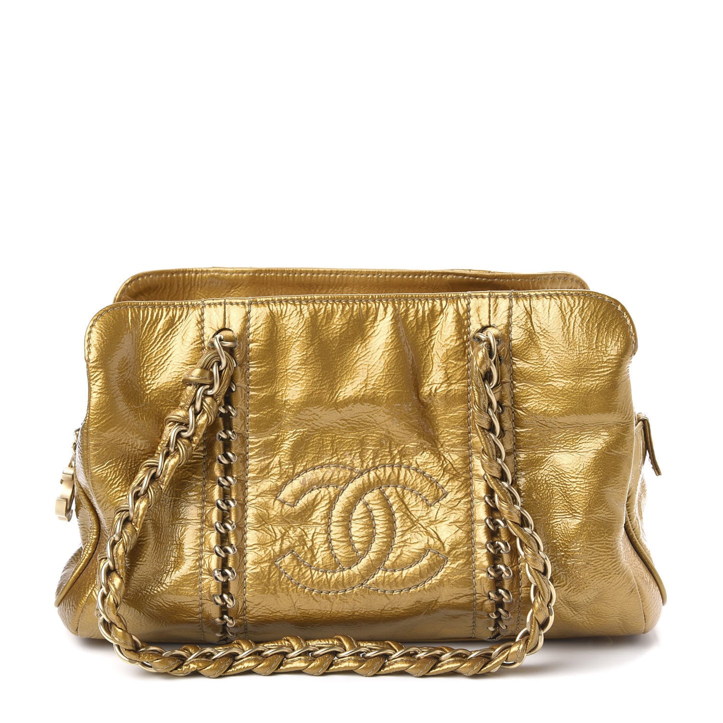 Crinkled Patent Modern Chain Tote Gold