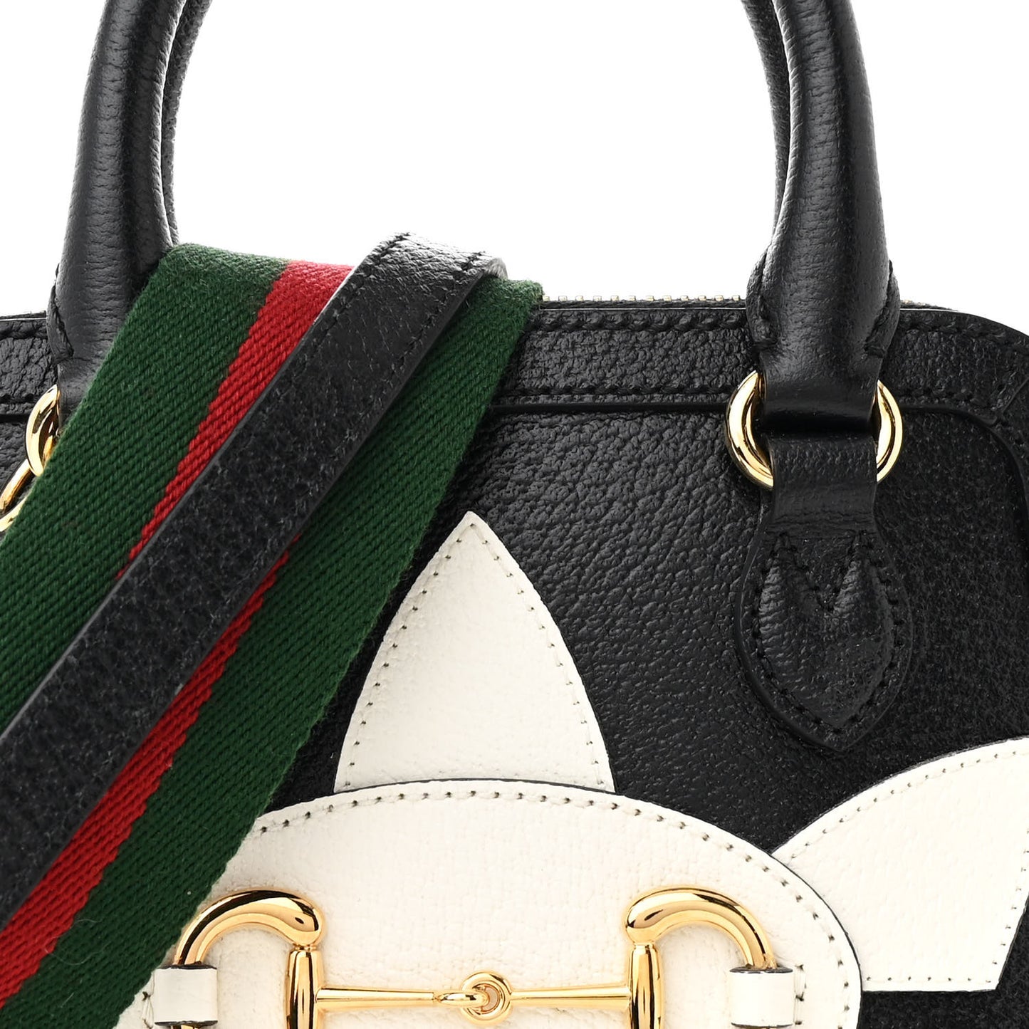 X ADIDAS Textured Dollar Calfskin Web Trefoil Mini Horsebit 1955 Top Handle Bag Black Off White
