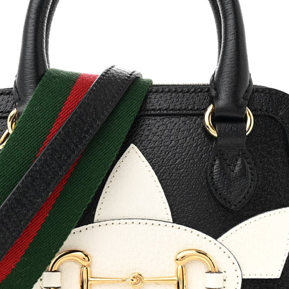 Gucci X ADIDAS Textured Dollar Calfskin Web Trefoil Mini Horsebit 1955 Top Handle Bag Black Off White 8 of 10