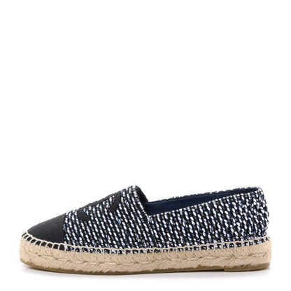 Chanel Tweed Grosgrain CC Espadrilles 38 Black Navy White 1 of 11