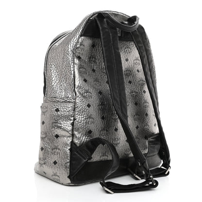 MCM Metallic Visetos Medium Fox Fur Insignia Side Stud Stark Backpack Silver Black 3 of 11
