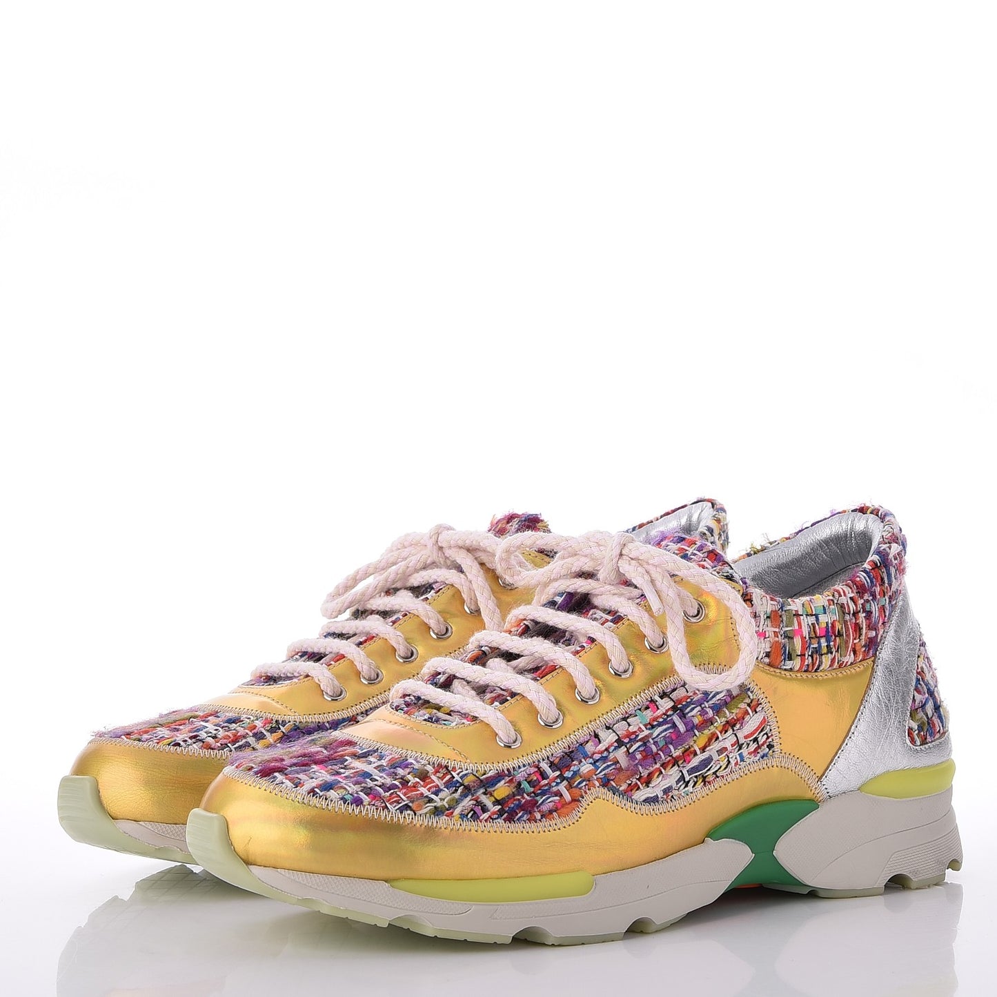 Tweed Lambskin Runway Sneakers 38.5 Silver Multicolor
