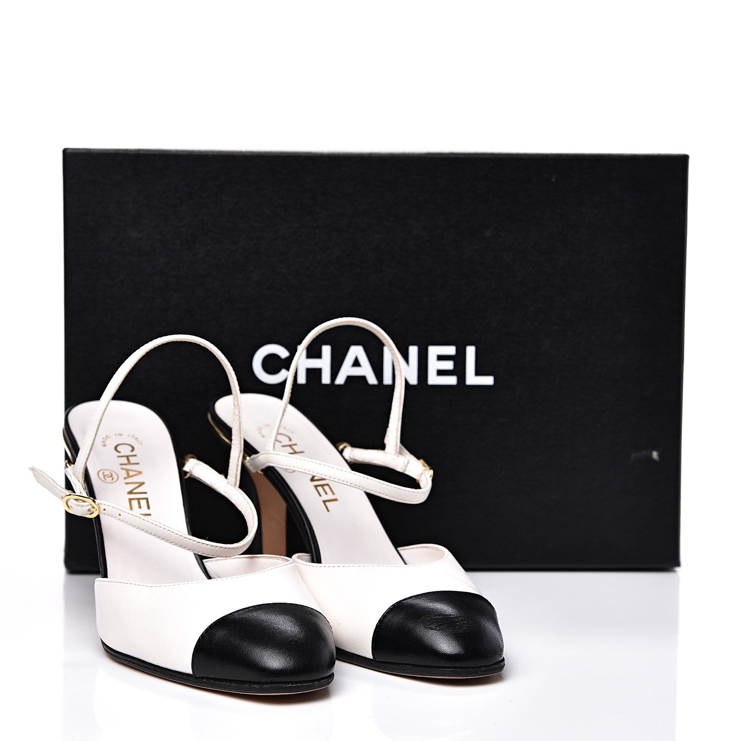 Chanel Lambskin Cap Toe CC Slingback Pumps 37 Black White 10 of 10