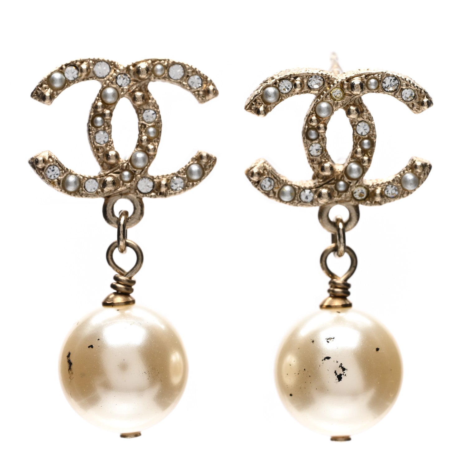 Chanel Crystal Pearl CC Drop Earrings Gold Pearly White 1 of 5