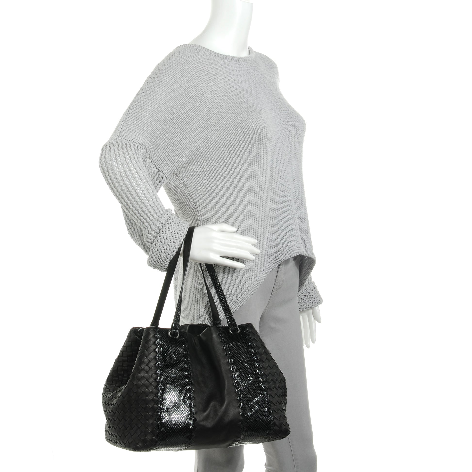 Balenciaga BOTTEGA VENETA Intrecciato Nappa Ayers Snakeskin Tote Tourmaline Black 2 of 8