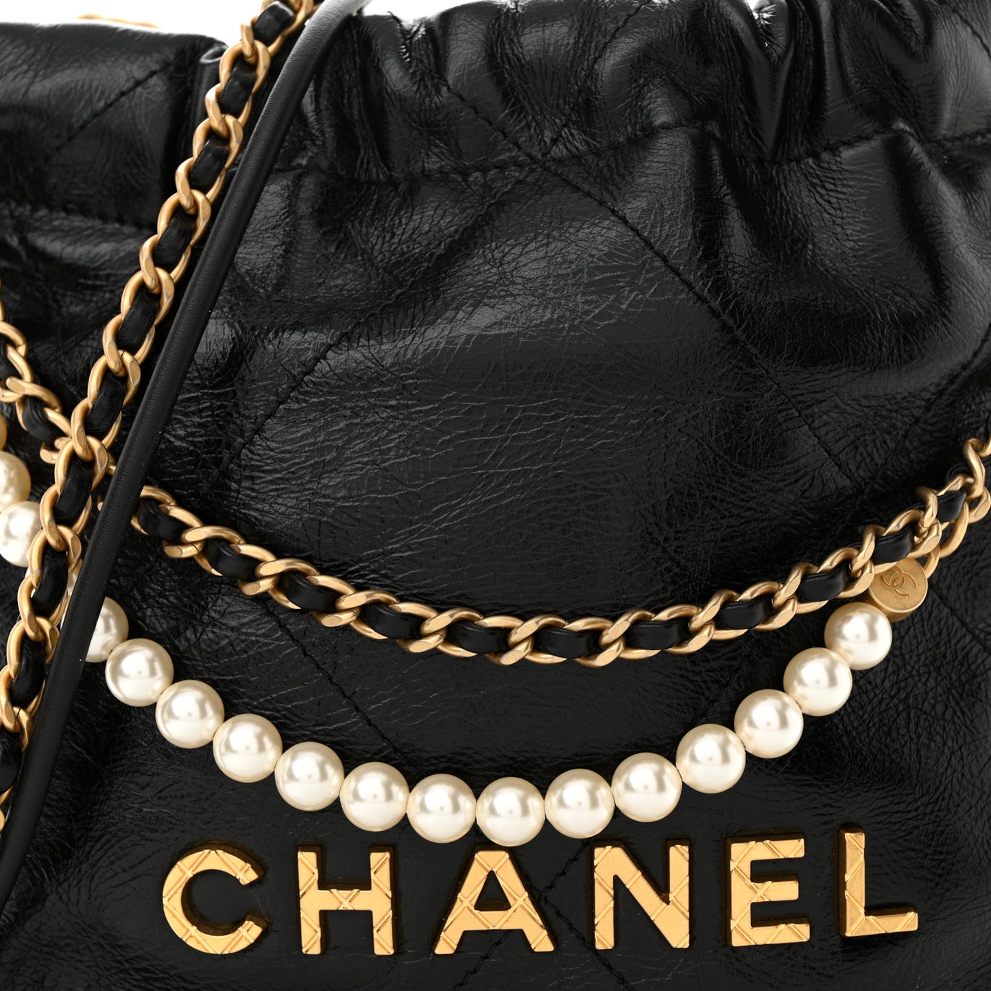 Shiny Crumpled Calfskin Quilted Pearl Mini Chanel 22 Black