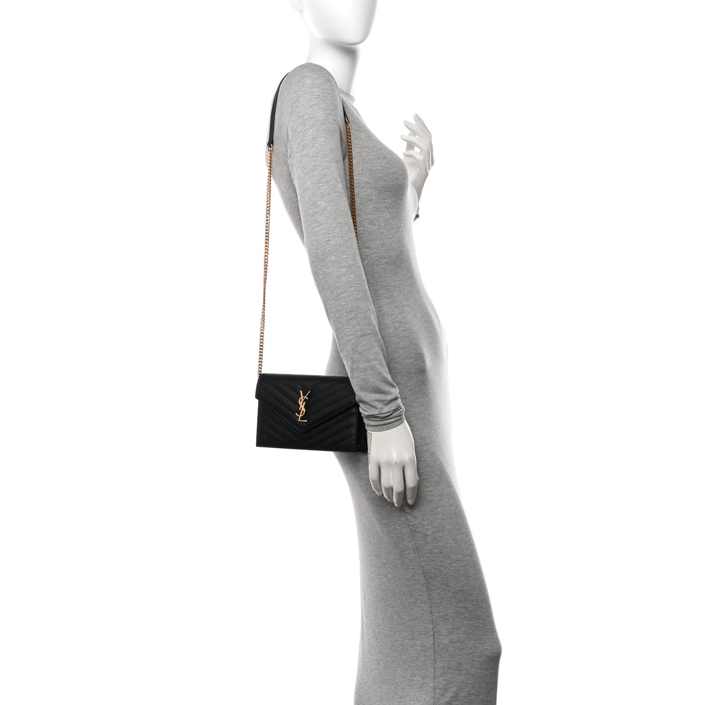 Grain De Poudre Matelasse Chevron Monogram Envelope Chain Wallet Black