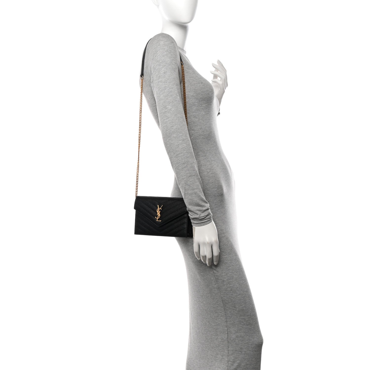 Saint Laurent Grain De Poudre Matelasse Chevron Monogram Envelope Chain Wallet Black 2 of 10