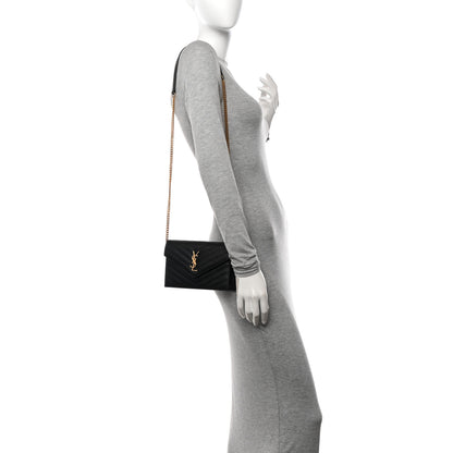 Saint Laurent Grain De Poudre Matelasse Chevron Monogram Envelope Chain Wallet Black 2 of 10