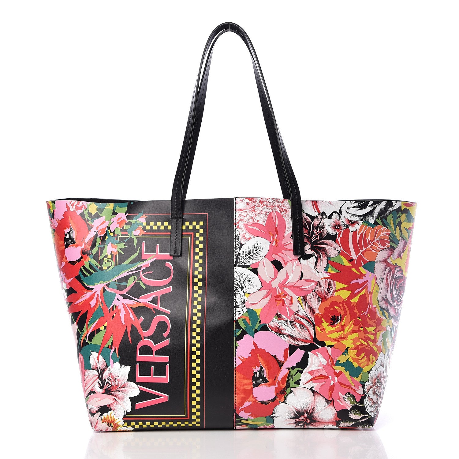 Versace Calfskin Vintage 90's Logo Floral Tote Black 3 of 13