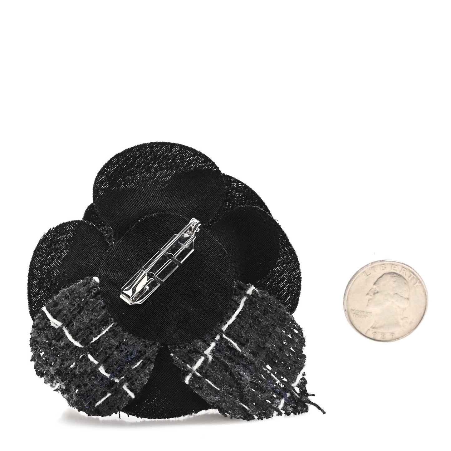 Tweed Camellia Pin Brooch Black White