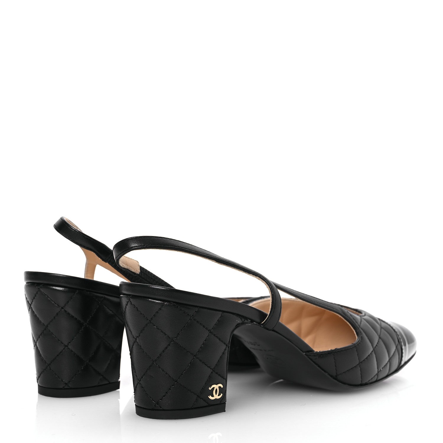 Chanel Lambskin Patent Calfskin Quilted Cap Toe CC Slingback Pumps 39.5 Black 5 of 10