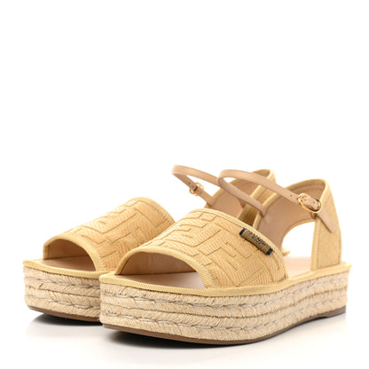 Fendi Raffia FF Embroidered Espadrille Platform Sandals 38.5 Natural 3 of 7