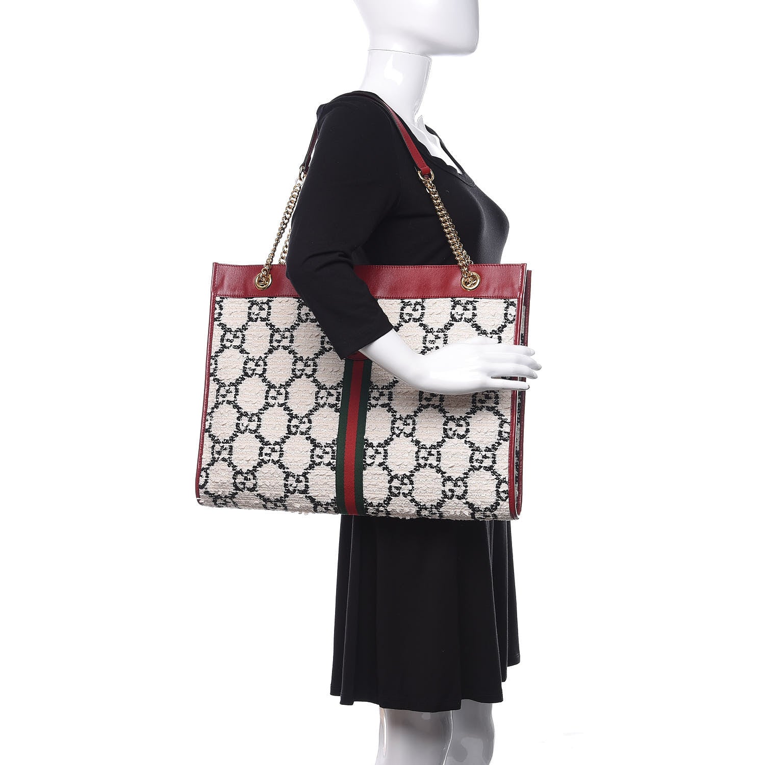 Gucci Tweed GG Monogram Large Rajah Chain Tote White Black Romantic Cherry 2 of 10