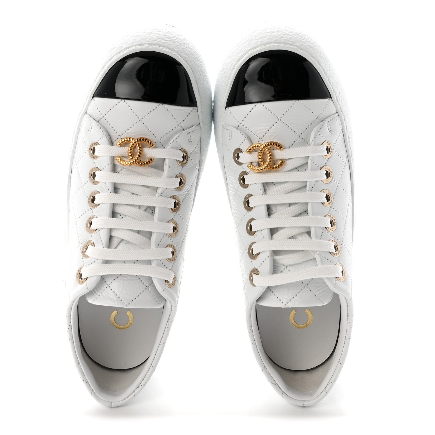 Chanel Crumpled Lambskin Patent Cap Toe CC Stitched Sneakers 37.5 White Black 2 of 10