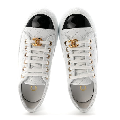 Chanel Crumpled Lambskin Patent Cap Toe CC Stitched Sneakers 37.5 White Black 2 of 10