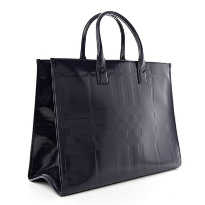 Burberry Patent Calfskin Denny Check Embossed Tote Charcoal Blue 3 of 14
