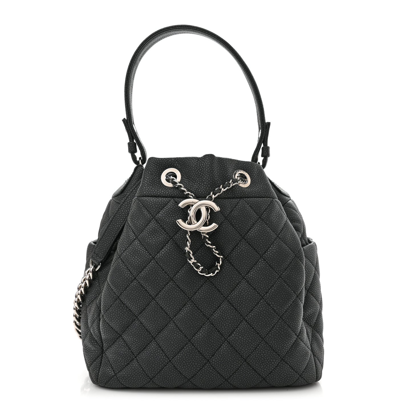 Caviar Flat Quilted CC Chain Bucket Drawstring Bag Navy