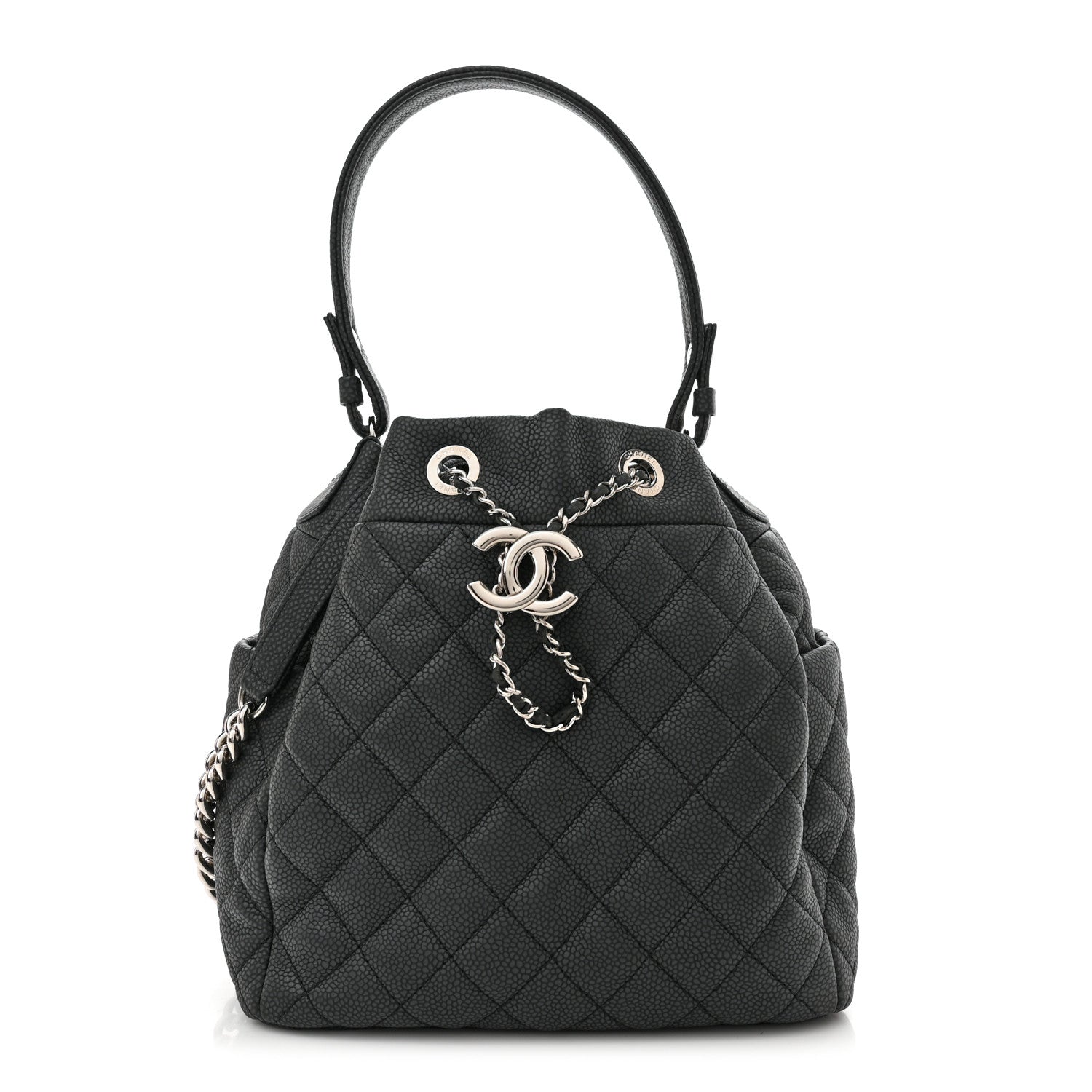 Chanel Caviar Flat Quilted CC Chain Bucket Drawstring Bag Navy 1 of 10