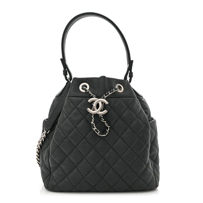 Chanel Caviar Flat Quilted CC Chain Bucket Drawstring Bag Navy 1 of 10