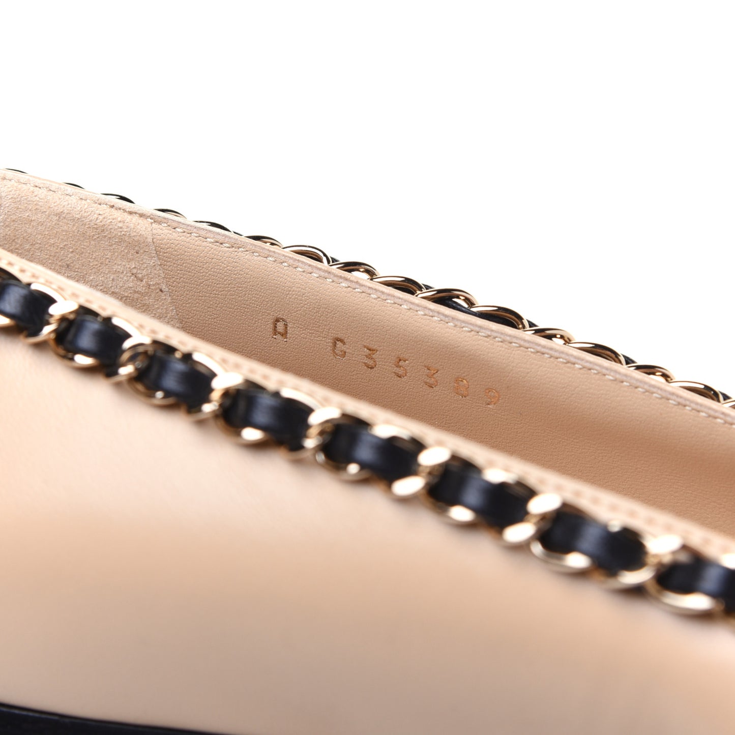 Lambskin Grosgrain Chain Cap Toe Flats 36 Beige Black